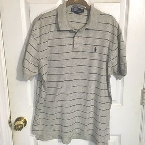 POLO Ralph Lauren-Heather Gray+Navy Blue Striped Polo Shirt-Men’s Large
